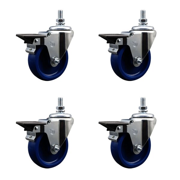 4 Inch Solid Polyurethane 10 MM Threaded Stem Caster Set with Brake